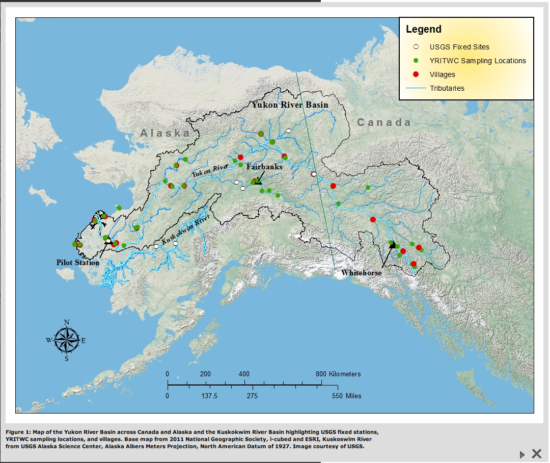 Map of the Yukon River Basin across Canada and Alaska and the Kuskokwim River Basin highlighting USGS fixed stations, YRITWC sampling locations, and villages. Base map from 2011 National Geographic Society, i-cubed and ESRI, Kuskoswim River from USGS Alaska Science Center, Alaska Albers Meters Projection, North American Datum of 1927. Image courtesy of USGS.