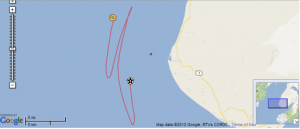 Follow the buoy's path from where it was tethered (black star) to where it was rescued (the yellow dot)