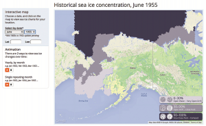 The Historical Sea Ice Atlas’ interactive map allows users to select by date and/or location to view graphs and animations of sea ice extent and concentration over time.