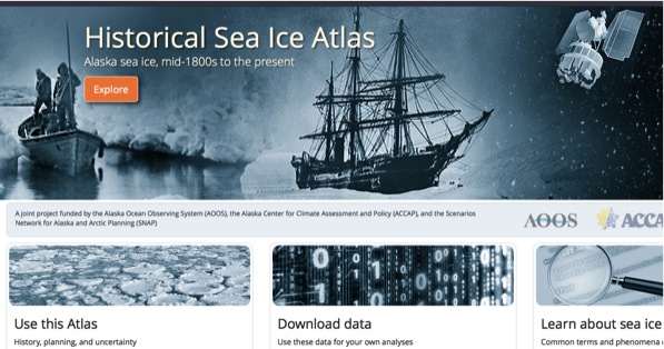 The atlas allows users to view and download sea ice concentration data around Alaska from 1850 to the present.