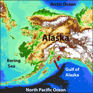 The Seward Line transect starts near the mouth of Resurrection Bay and extends into the Gulf of Alaska, crossing the Alaska coastal current.