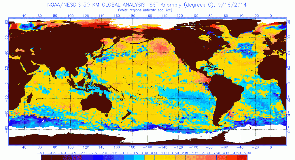 This graphic shows ocean temperature anomalies across the Pacific in September of 2014. Red indicates high deviation from the  mean.