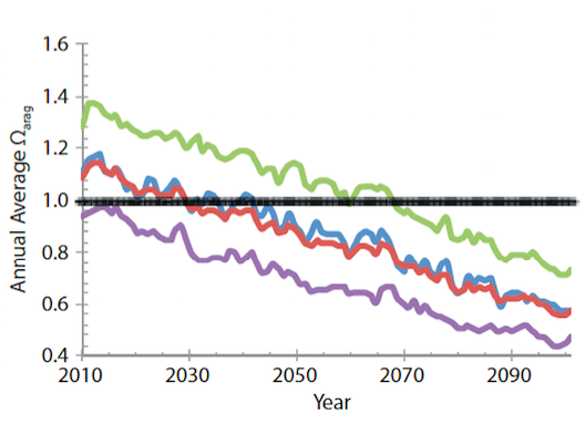 Time series of mdoel-projected decline in the annual average Ωarag for each basin and the whole shelf. The Bering Sea in green, the Chukchi Sea in blue, and the Beaufort Sea in purple. The entire Pacific-Arctic Region average is shown in red. The saturation horizon is indicated by a bold black line (Ω=1). Graphic from Mathis, J.T., and Cross, J.N., Evans, W., and Doney, S.C., 2015. Ocean acidification in the Pacific-Arctic Region. Oceanography Magazine 