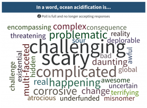 The audience participated in a group polling activity that aggregated answers in real time. This image is the word cloud response to the question, "In a word, ocean acidification is...."